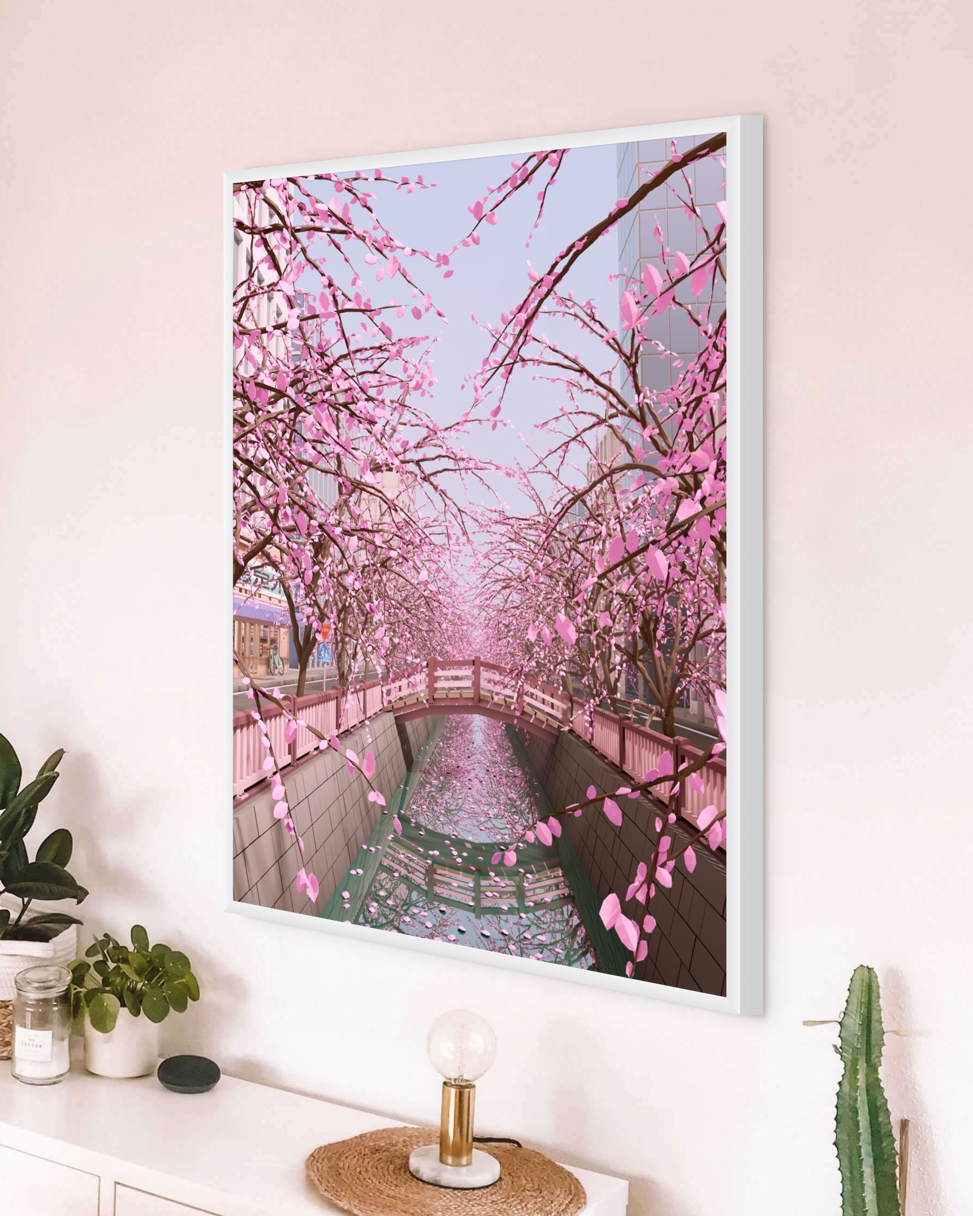Low Poly Tokyo Canal with Sakura Blossom - Framed Poster – Lazy