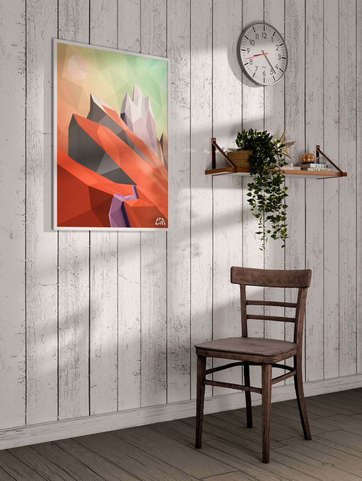 Low poly framed poster capturing an abstract landscape of the Alps mountains, in a modern home office