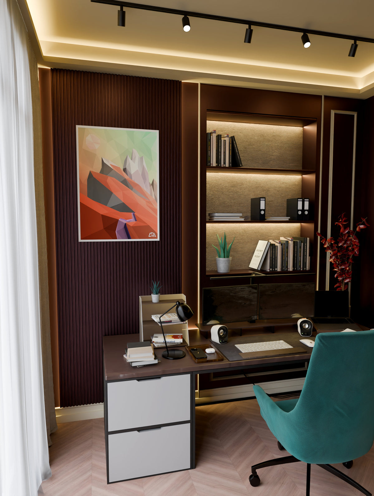 Low poly framed poster capturing an abstract landscape of the Alps mountains, in a modern home office