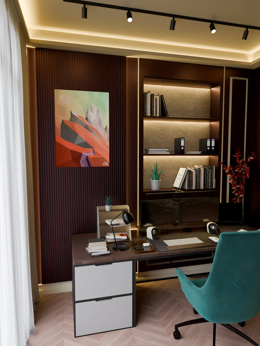 Low poly poster capturing an abstract landscape of the Alps mountains, in a modern home office