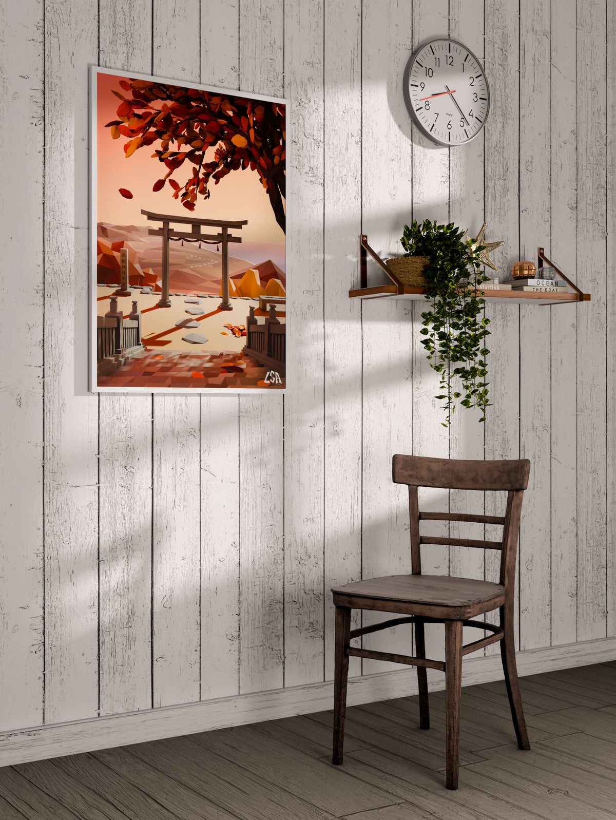 Low poly framed poster capturing an autumn sunset in a japanese temple with a torii gate and autumn leaves, on a whitewashed coastal wall