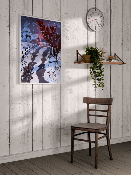 Low poly winter landscape framed poster with geometric red tree, snowy path, and cottage displayed on a whitewashed coastal wall