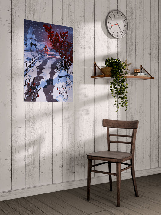 Low poly winter landscape poster with geometric red tree, snowy path, and cottage displayed on a whitewashed coastal wall