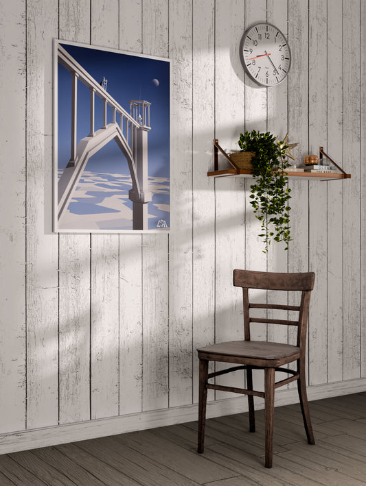 Low poly framed poster of a fantasy decor with a narrow bridge reaching the summit of a very tall tower with a blue sky and moon in the background, on a whitewashed coastal wall