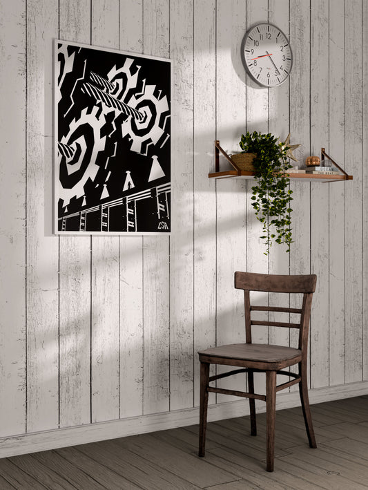 Low poly framed poster of an industrial decor with huge gears, a bridge and robot with a black and white color palette, on a whitewashed coastal wall