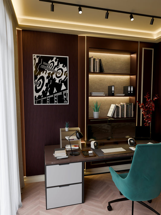 Low poly framed poster of an industrial decor with huge gears, a bridge and robot with a black and white color palette, in a modern home office