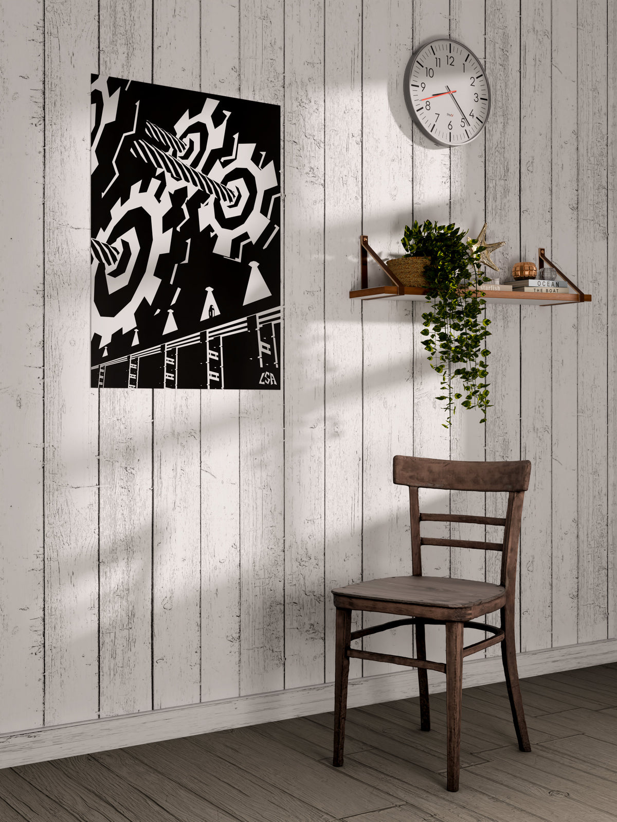 Low poly poster of an industrial decor with huge gears, a bridge and robot with a black and white color palette, on a whitewashed coastal wall