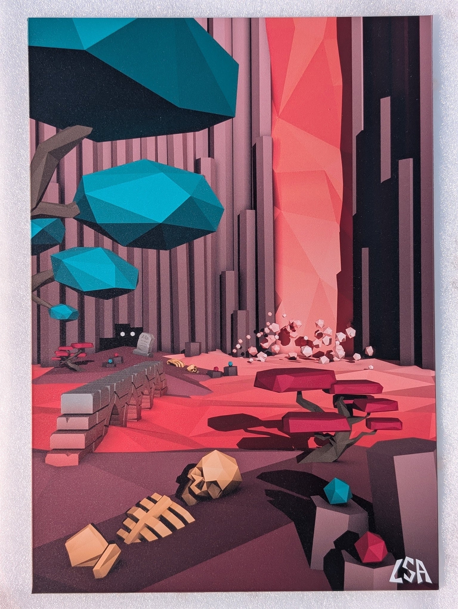 A stylized low-poly aluminium print depicting a futuristic canyon landscape with a waterfall, geometric trees, a glowing pink-red canyon wall, and a skeleton on the ground, shown against a light gray background.