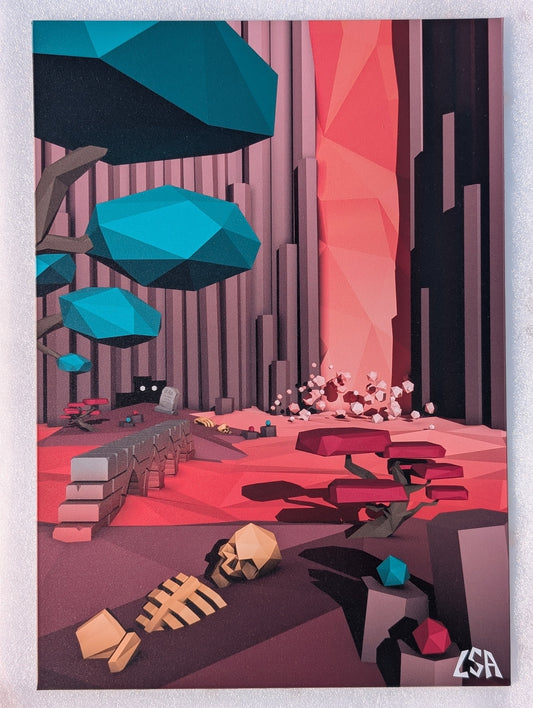 A stylized low-poly aluminium print depicting a futuristic canyon landscape with a waterfall, geometric trees, a glowing pink-red canyon wall, and a skeleton on the ground, shown against a light gray background.