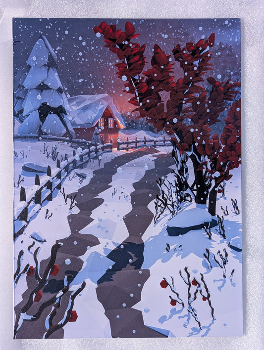 Aluminium print featuring a snow-covered path leading to a warmly lit house, with snow-laden trees and a dark red leafy bush in the foreground under a snowy night sky.