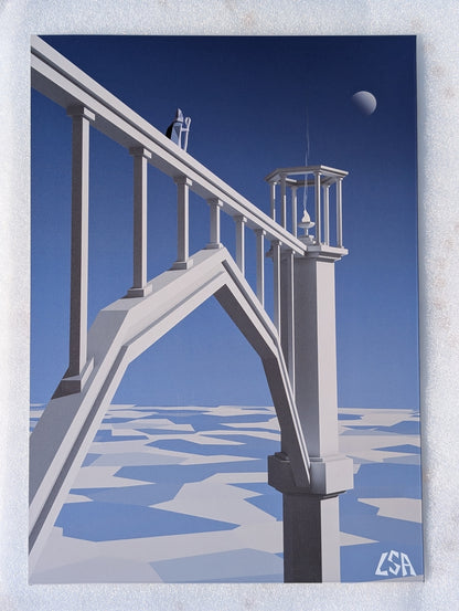 A surreal architectural aluminium print depicting a white arched bridge structure under a deep blue sky with a small moon, shown against a light textured background.