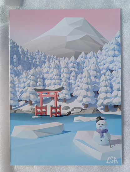 Aluminium print featuring a stylized low-poly winter scene with snow-covered trees, a red torii gate, a small snowman, and mount fuji with blue, white, and pink tones.