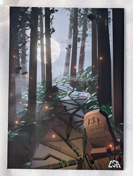 Aluminium print showing a paved trail in a mystic forest with fireflies a gravestone a full moon and trees during night time, in low-poly style.