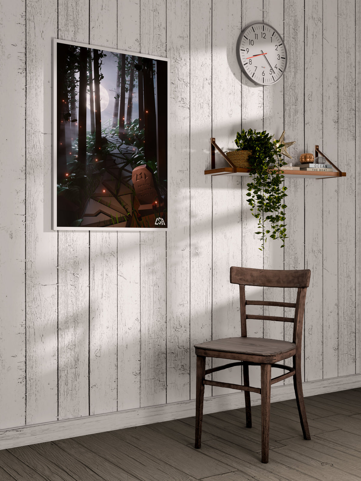 Low poly framed poster of a forest dark fantasy decor with a tombstone, a paved trail, the moonlight and fireflies giving it a mystic vibe, on a whitewashed coastal wall