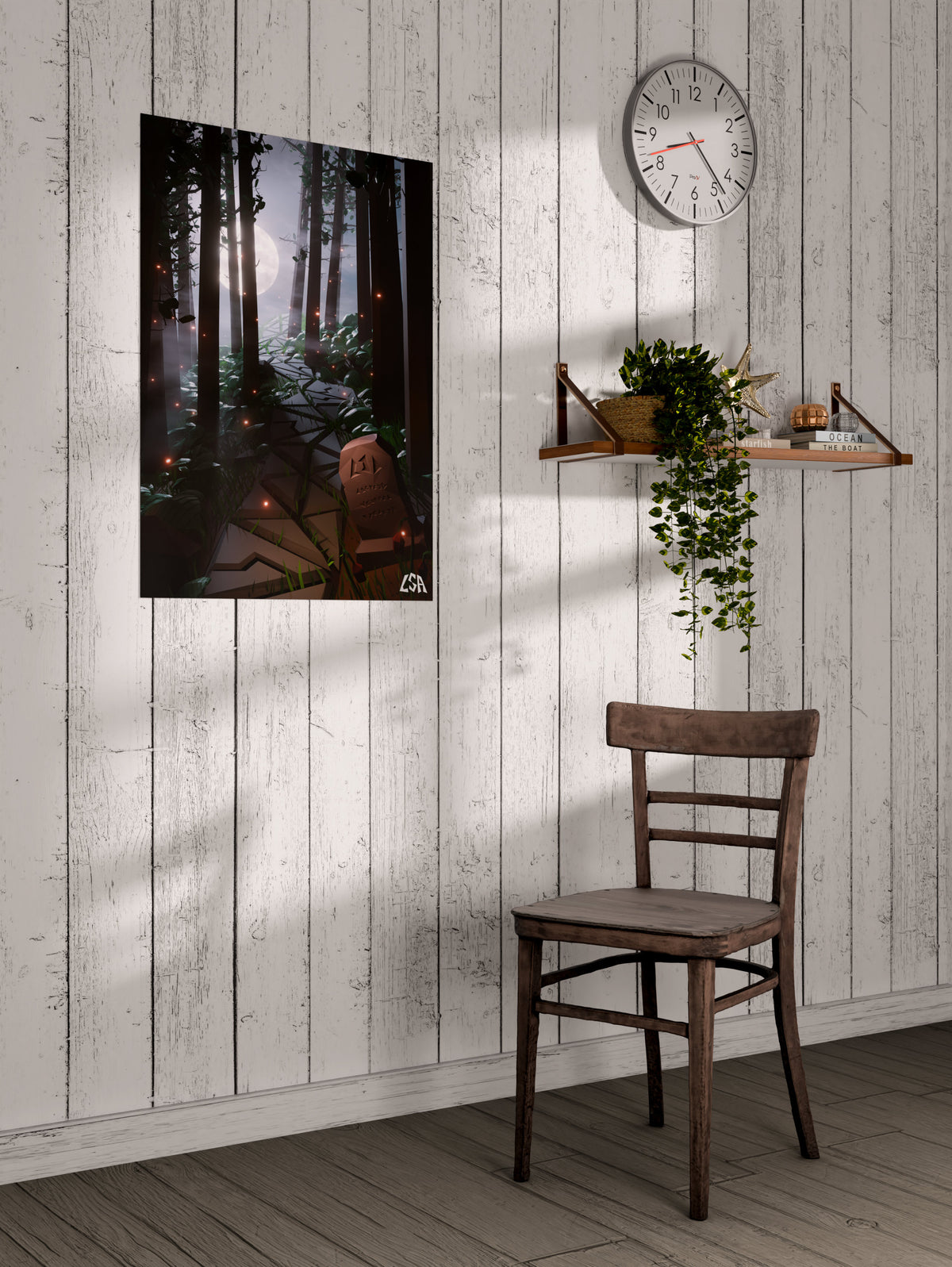 Low poly poster of a forest dark fantasy decor with a tombstone, a paved trail, the moonlight and fireflies giving it a mystic vibe, on a whitewashed coastal wall
