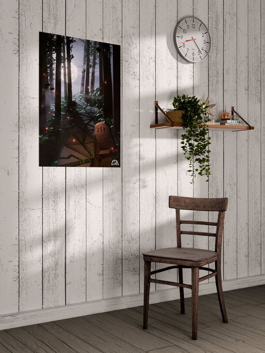 Low poly poster of a forest dark fantasy decor with a tombstone, a paved trail, the moonlight and fireflies giving it a mystic vibe, on a whitewashed coastal wall