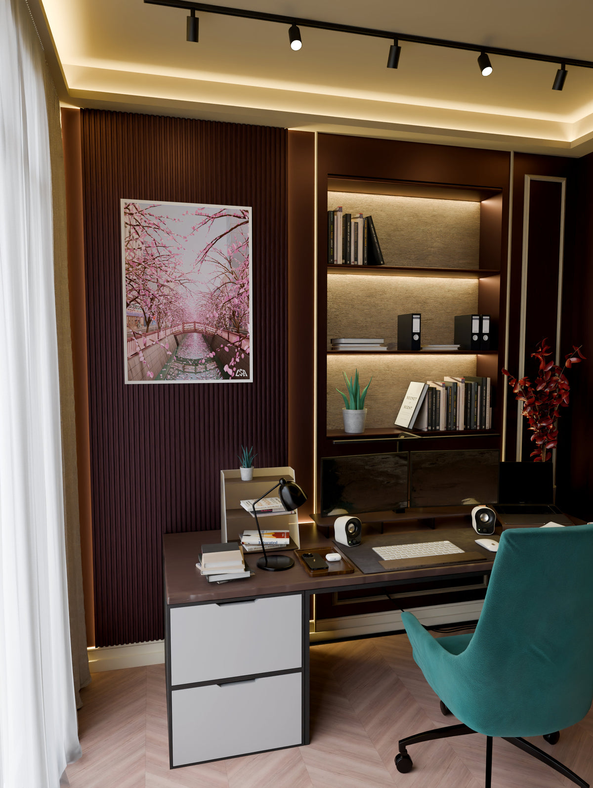 Low poly framed poster capturing a canal in tokyo bordered with sakuras in bloom, in a modern home office