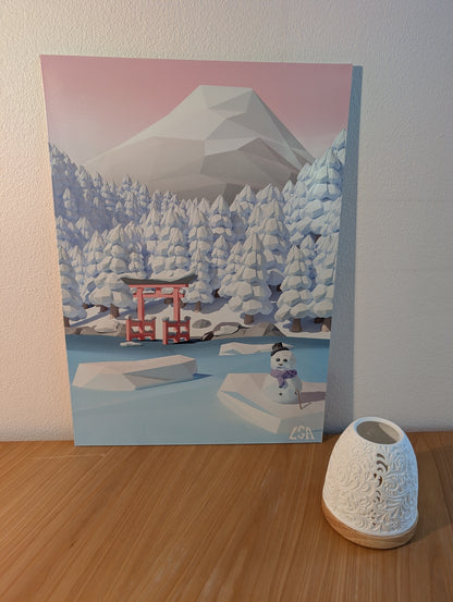 Aluminium print featuring a stylized low-poly winter scene with snow-covered trees, a red torii gate, a small snowman, and mount fuji with blue, white, and pink tones.