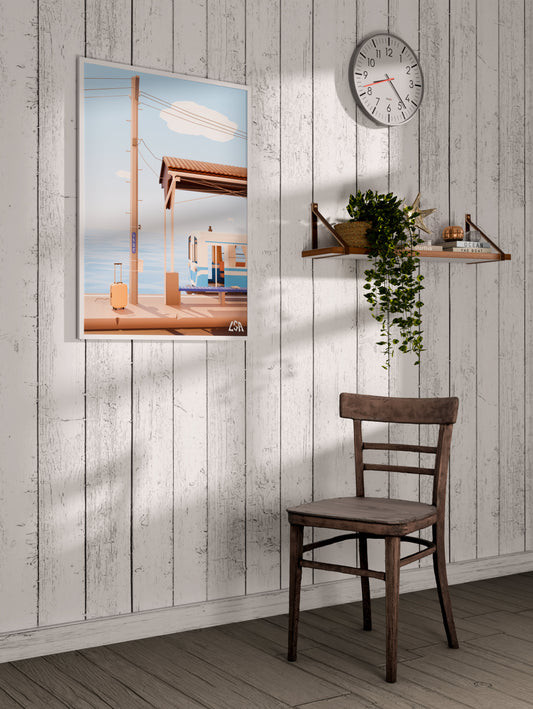 Low poly framed poster capturing Shimonada station in Japan with a train departing and the sea in the background, on a whitewashed coastal wall