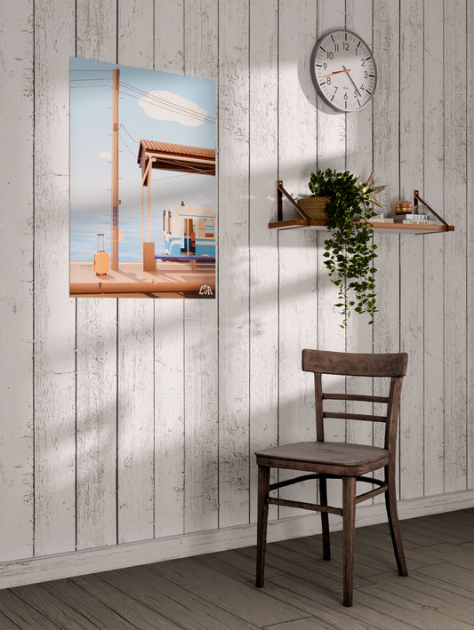Low poly poster capturing Shimonada station in Japan with a train departing and the sea in the background, on a whitewashed coastal wall