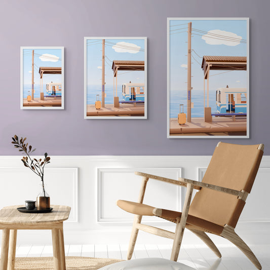 Three  low poly style artworks of shimonada train station in japan framed and on a wall with a chair and side table in the foreground.