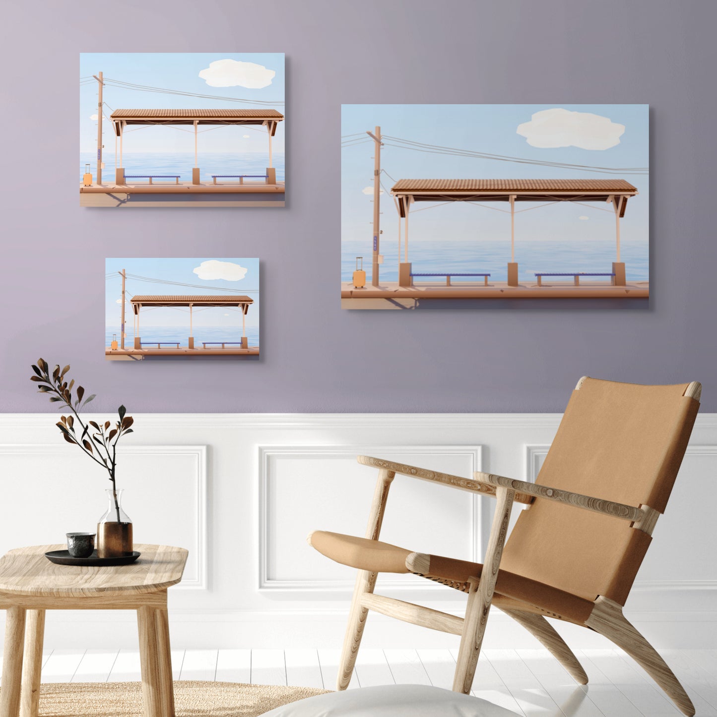 Three low poly wall art pieces representing shimonada train station in summer on a purple wall above a chair and side table.