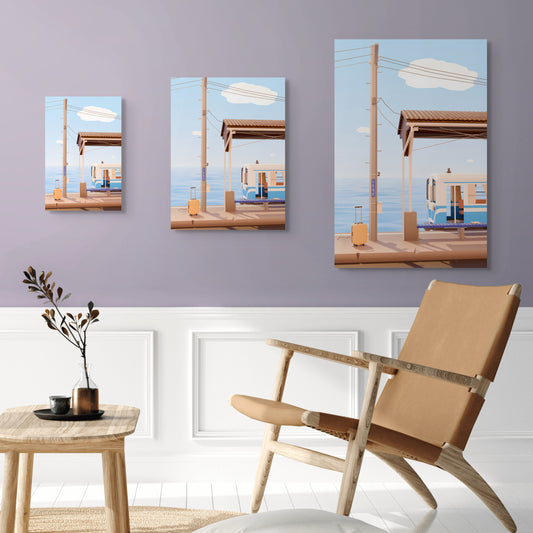 Three low poly wall art pieces representing shimonada train station in summer on a purple wall above a chair and side table.
