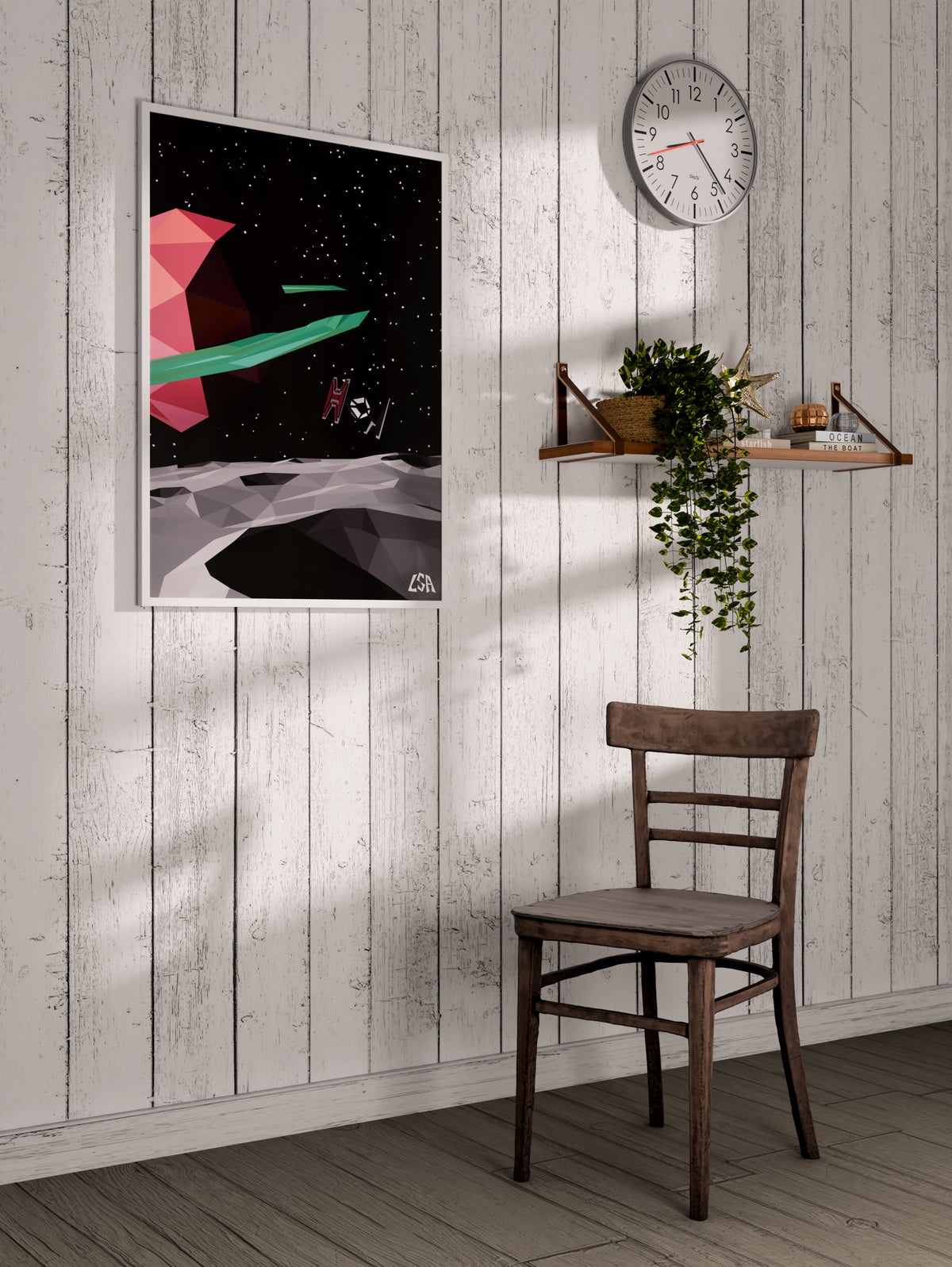 Low poly framed poster capturing a spaceship in space over the moon, on a whitewashed coastal wall
