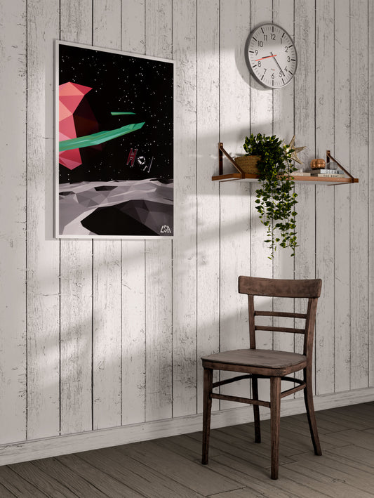 Low poly framed poster capturing a spaceship in space over the moon, on a whitewashed coastal wall