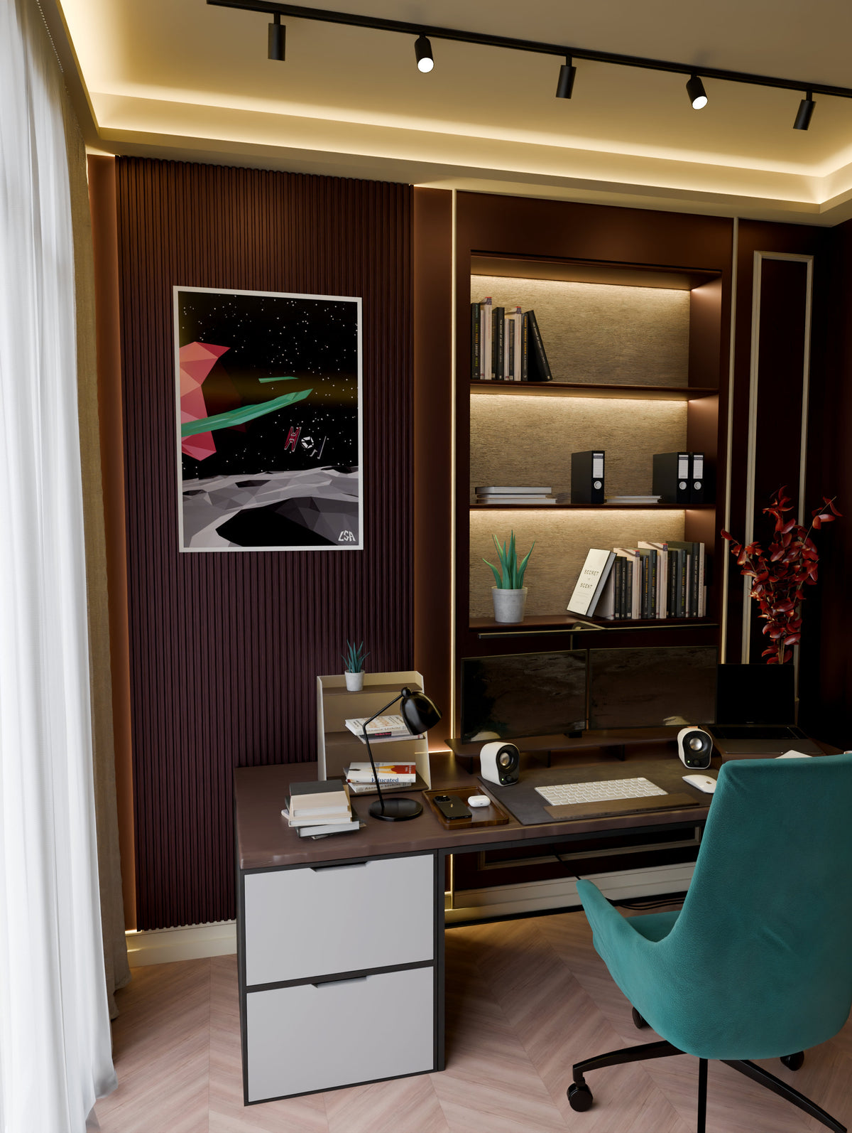 Low poly framed poster capturing a spaceship in space over the moon, in a modern home office