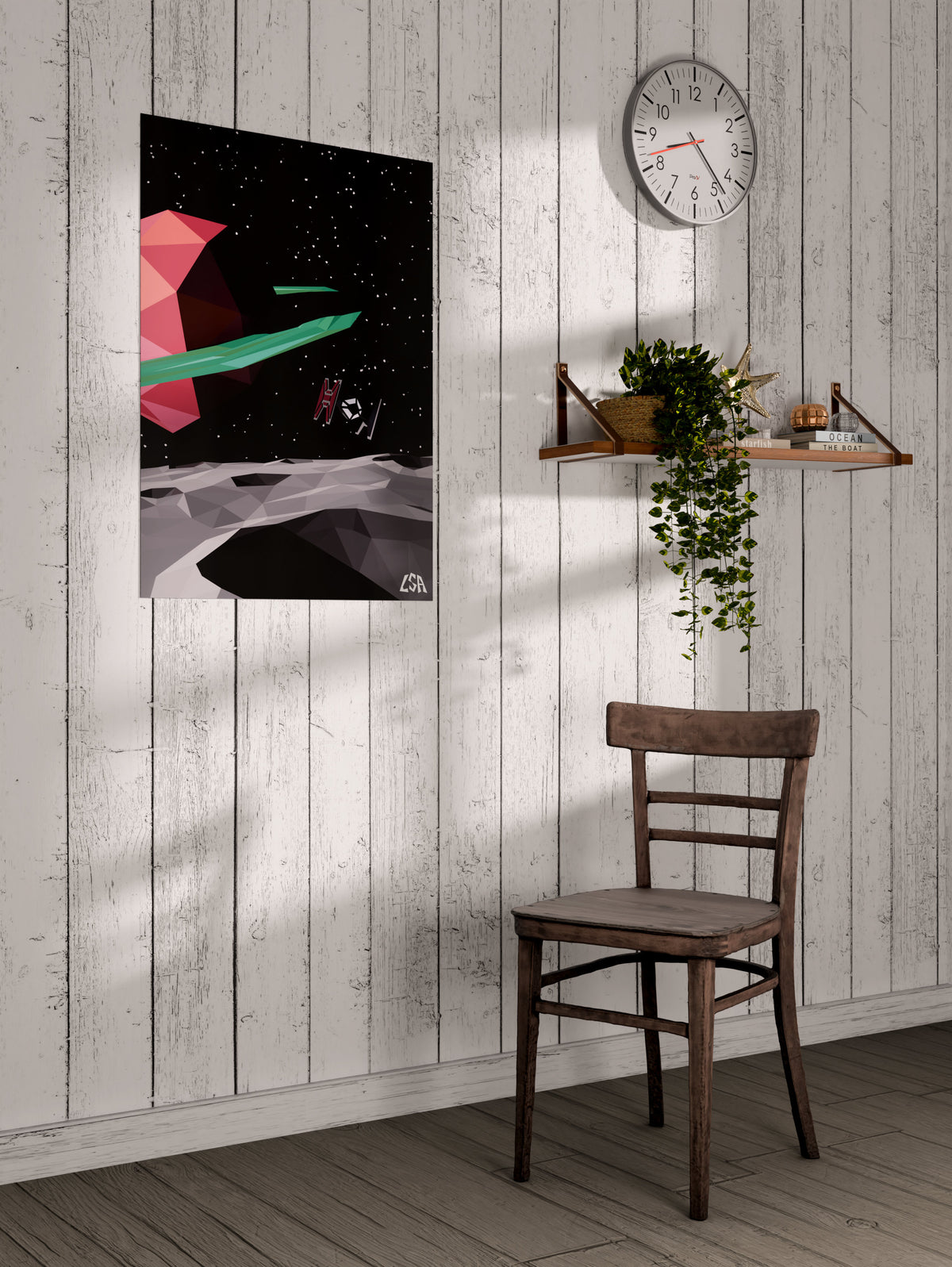 Low poly poster capturing a spaceship in space over the moon, on a whitewashed coastal wall