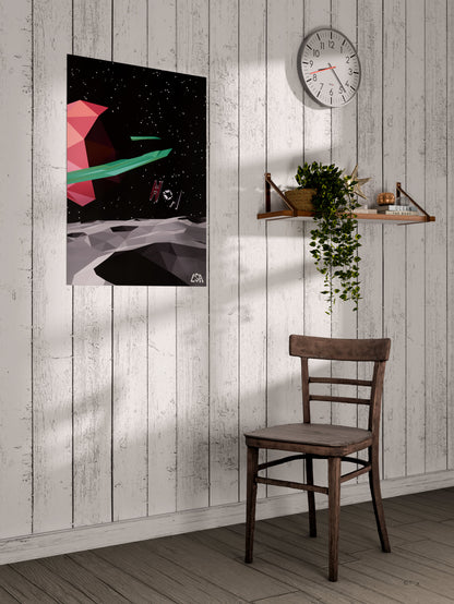 Low poly poster capturing a spaceship in space over the moon, on a whitewashed coastal wall