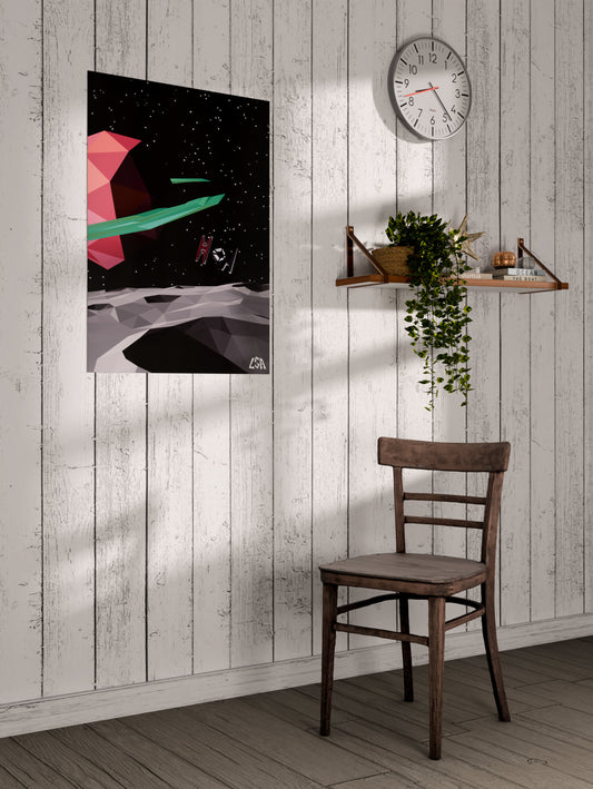 Low poly poster capturing a spaceship in space over the moon, on a whitewashed coastal wall