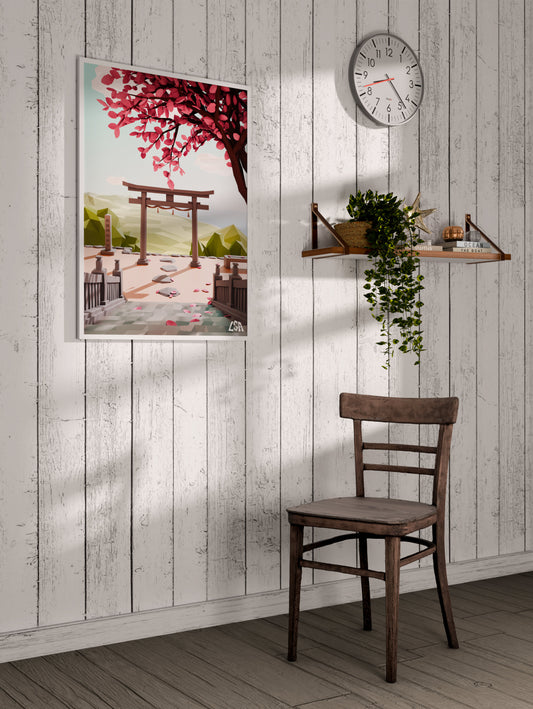 Low poly framed poster capturing a relaxing and warm spring decor in a japanese temple with a torii gate and sakura tree, on a whitewashed coastal wall