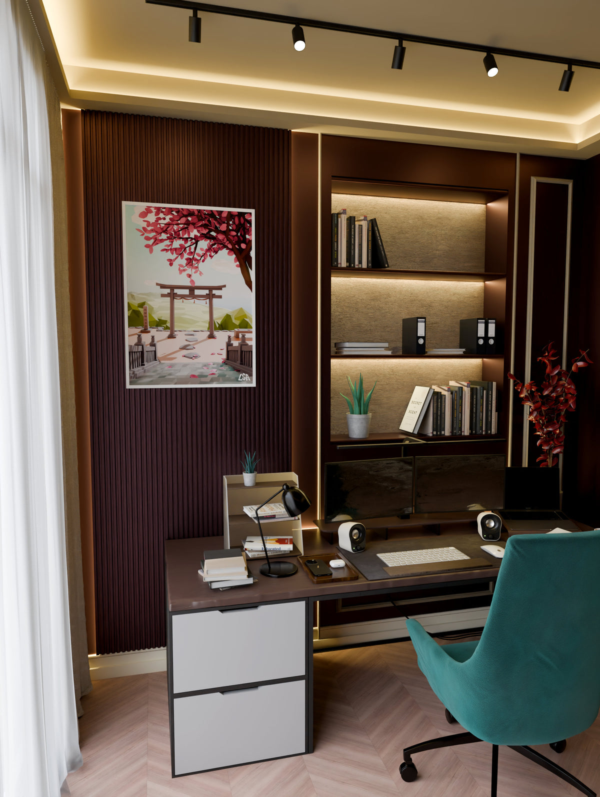 Low poly framed poster capturing a relaxing and warm spring decor in a japanese temple with a torii gate and sakura tree, in a modern home office