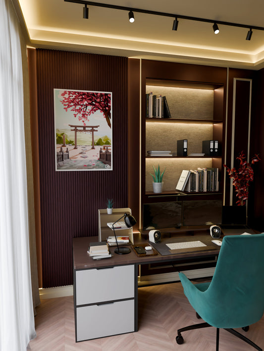 Low poly framed poster capturing a relaxing and warm spring decor in a japanese temple with a torii gate and sakura tree, in a modern home office