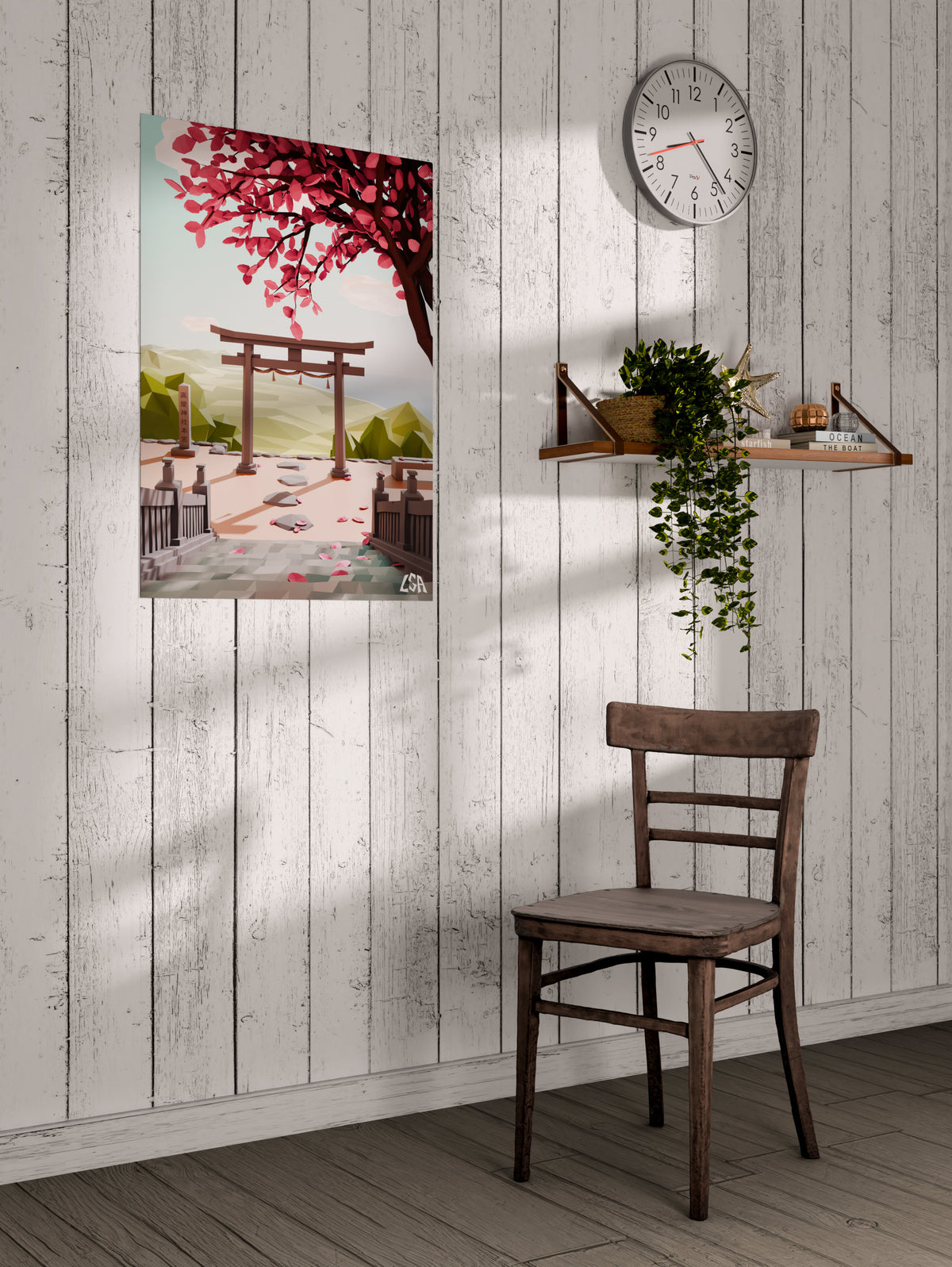 Low poly poster capturing a relaxing and warm spring decor in a japanese temple with a torii gate and sakura tree, on a whitewashed coastal wall