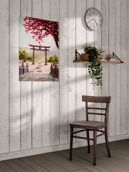 Low poly poster capturing a relaxing and warm spring decor in a japanese temple with a torii gate and sakura tree, on a whitewashed coastal wall