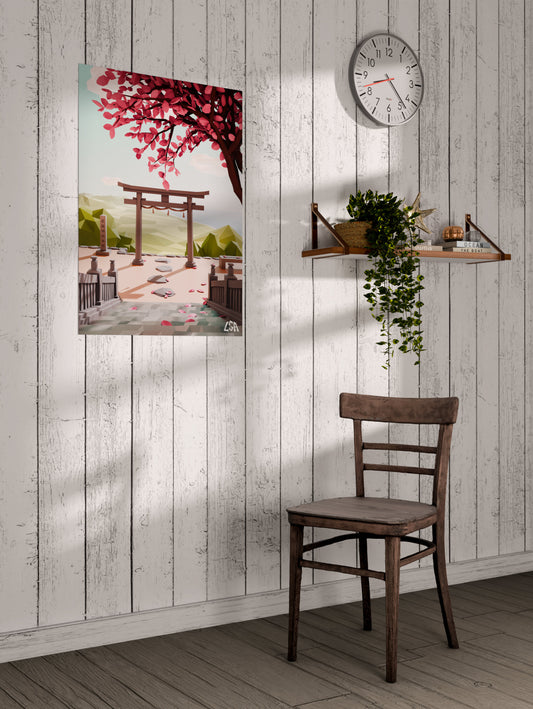 Low poly poster capturing a relaxing and warm spring decor in a japanese temple with a torii gate and sakura tree, on a whitewashed coastal wall