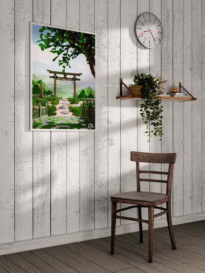 Low poly framed poster capturing a hot, humid and green summer in a japanese temple with a torii gate, on a whitewashed coastal wall