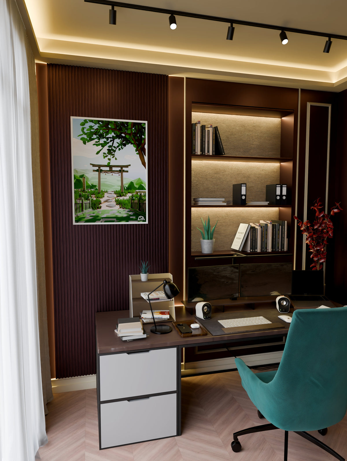 Low poly framed poster capturing a hot, humid and green summer in a japanese temple with a torii gate, in a modern home office