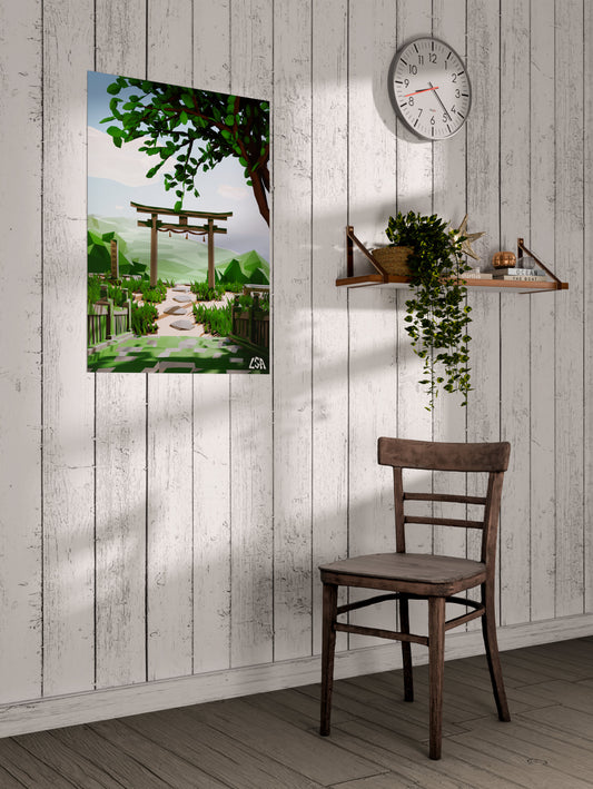 Low poly poster capturing a hot, humid and green summer in a japanese temple with a torii gate, on a whitewashed coastal wall
