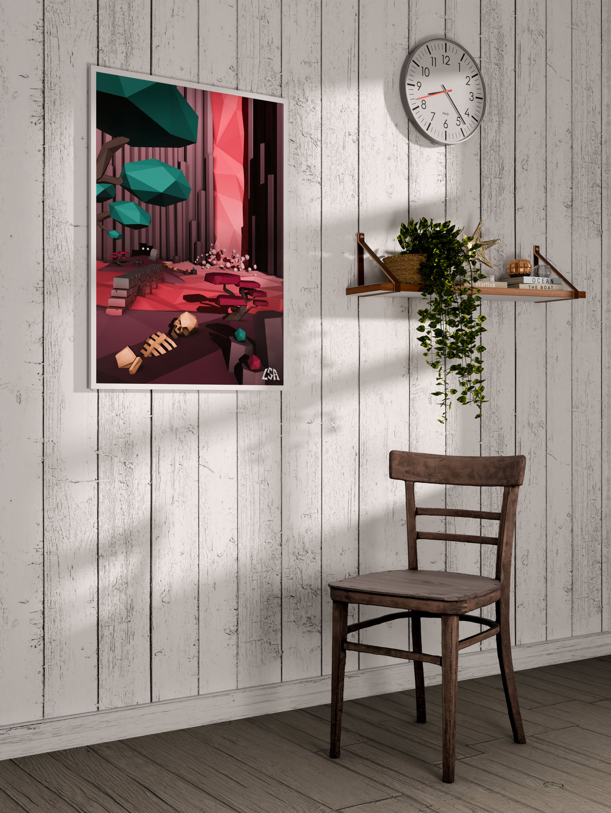 Low poly framed poster of a fantasy decor with a waterfall, a monster and a skeleton with a video game look, on a whitewashed coastal wall