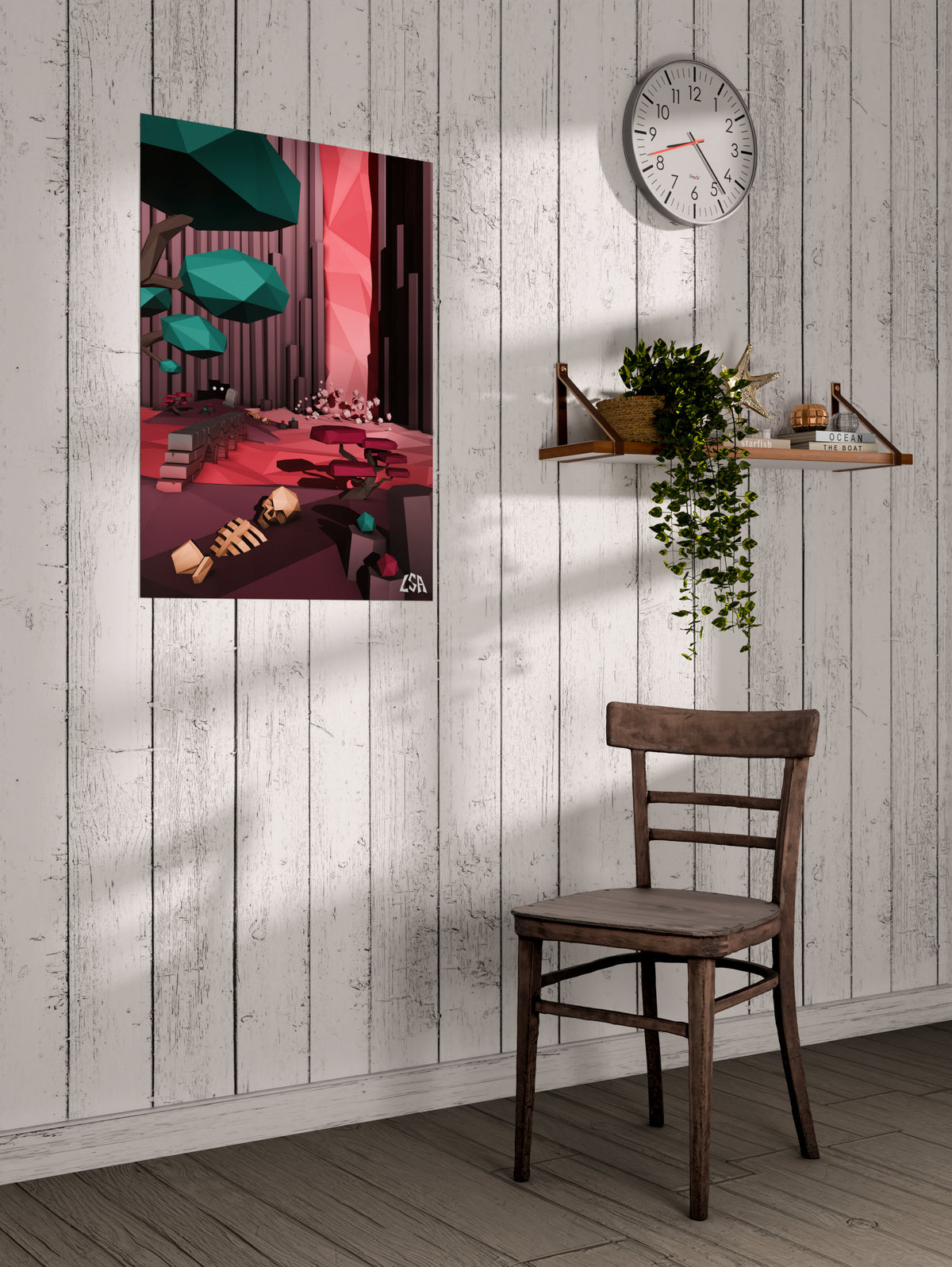 Low poly poster of a fantasy decor with a waterfall, a monster and a skeleton with a video game look, on a whitewashed coastal wall