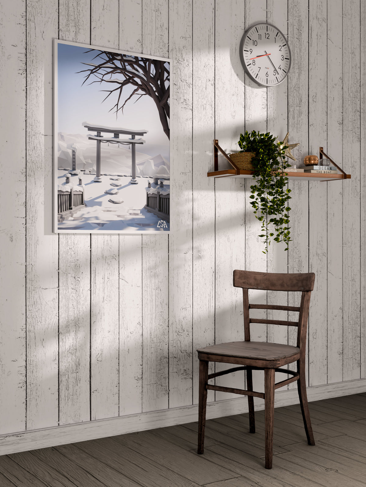Low poly framed poster capturing a zen and cold winter day in a japanese temple with a torii gate covered in snow, on a whitewashed coastal wall