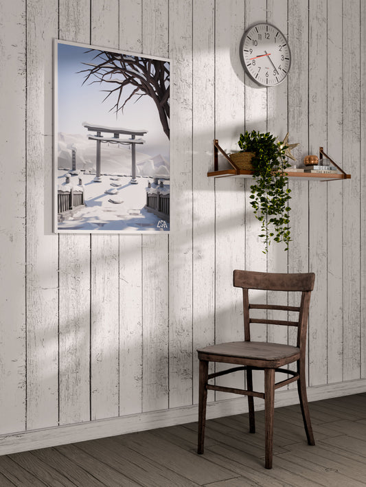 Low poly framed poster capturing a zen and cold winter day in a japanese temple with a torii gate covered in snow, on a whitewashed coastal wall