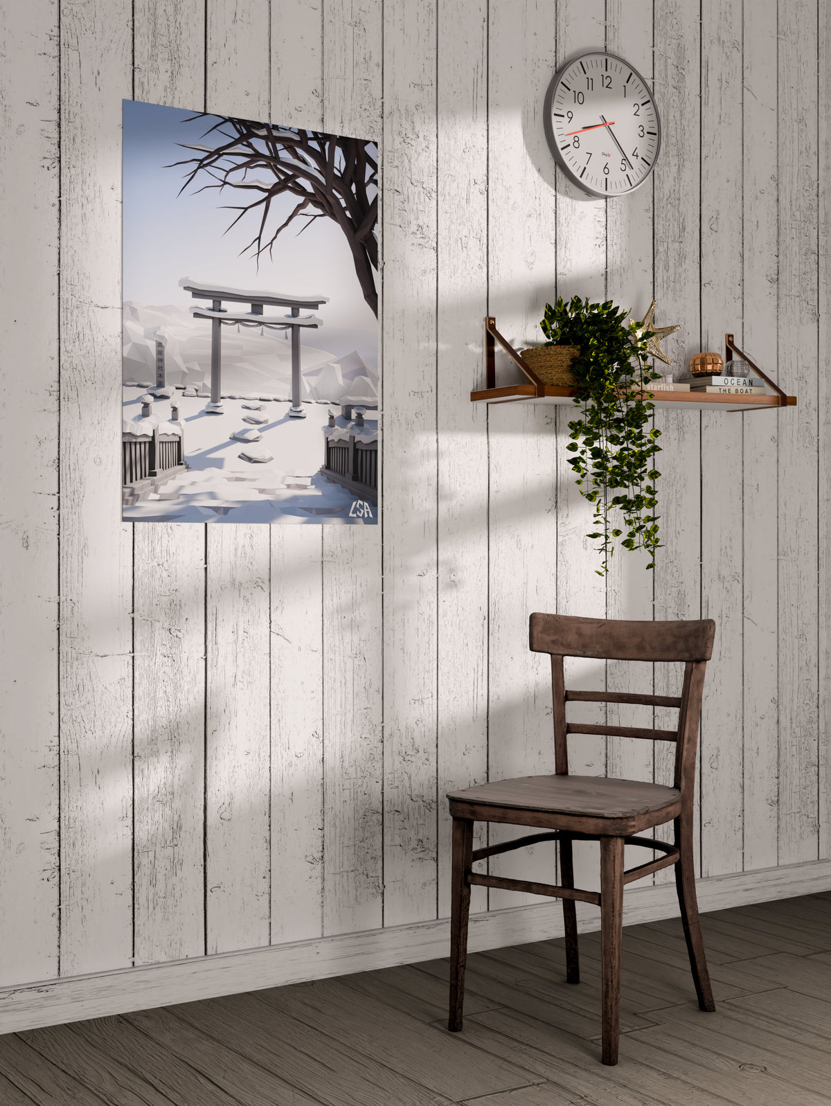 Low poly poster capturing a zen and cold winter day in a japanese temple with a torii gate covered in snow, on a whitewashed coastal wall