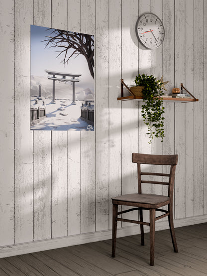 Low poly poster capturing a zen and cold winter day in a japanese temple with a torii gate covered in snow, on a whitewashed coastal wall