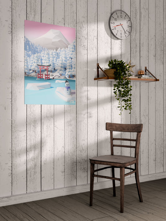 Low poly poster capturing a winter view of mount Fuji seen from lake Ashi with a torii gate, snowman and soft color palette, on a whitewashed coastal wall