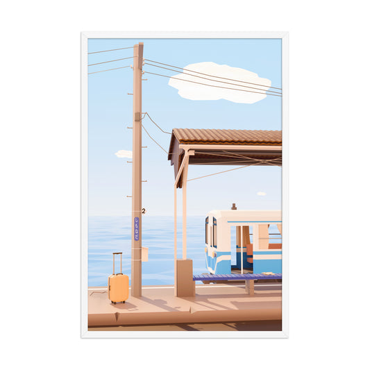 Product mockup of a low poly style artwork representing shimonada train station in japan in summer